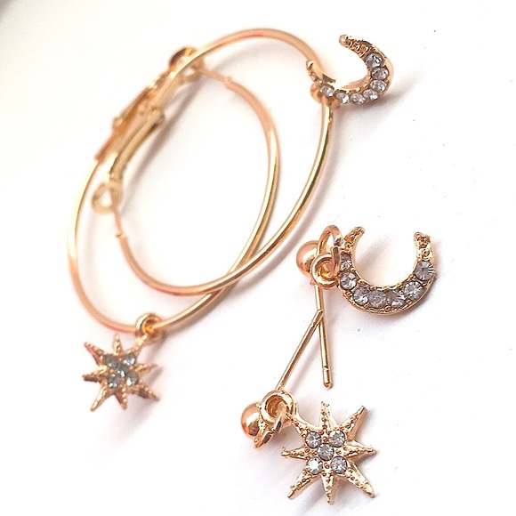 ⚜️[𝟯/$𝟭𝟴]⚜️4 Gold Moon Star Earrings Set NEW - Picture 2 of 7